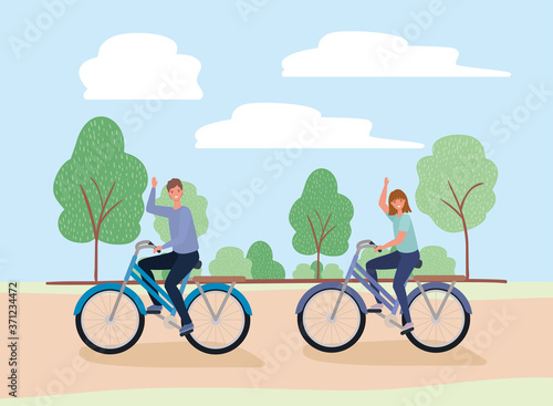 woman and man cartoons riding bikes at park design, Nature outdoor and season theme Vector illustration