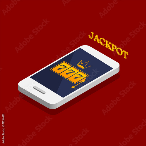 Isometric design of slot machine with lucky sevens jackpot on a phone screen. Online casino in a smartphone. Vector illustration isolated on dark red background.