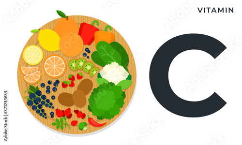 Set vitamin C with products nutrition flat vector icons isolated on white background.