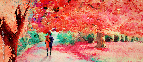 Happy couple in the autumn parc.Watercolor background photo