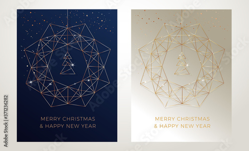 Elegant Christmas design - gold christmas wreath, and christmas tree decoration. Vector greeting cards with stylized gold line art illustration. Golden and dark blue backgrounds