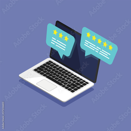 Isometric open laptop with reviews rate on the screen. Review rating bubble speeches on a computer display. Bubble speeches concept. Vector illustration.