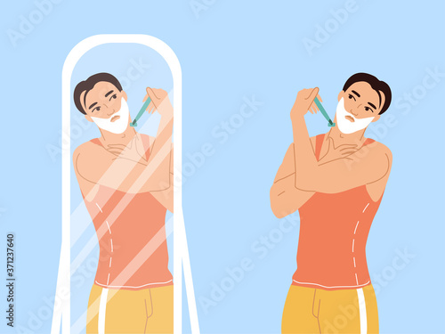 Daily morning routine of a man. A young man in a T-shirt and shorts stands by the mirror and shaves. Male character of a man taking care of himself. Colorful vector flat illustrations.