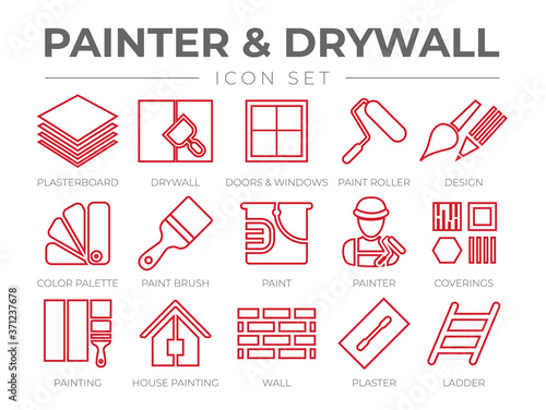Painter and Drywall Outline Icon Set with Plasterboard, Paint Roller, Brush, Painter Color Palette, Painting, Wall, Plaster, Ladder Icons