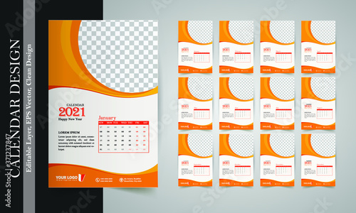 2021 happy new year calendar layout template design, 2021 calendar template Free, 2021 modern calendar layout, Abstract orange 2021 calendar template