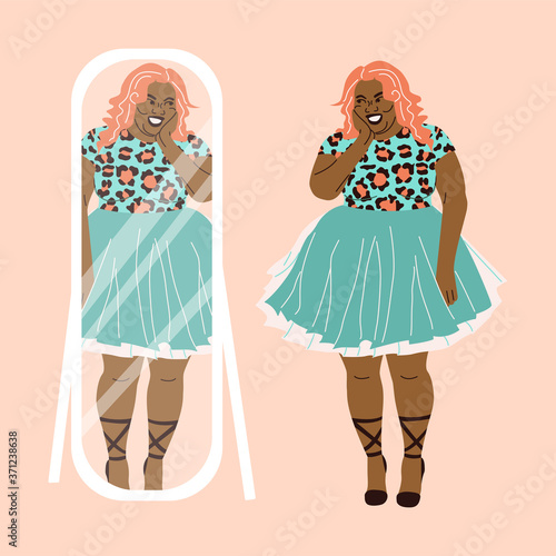 Curvy beautiful African American woman confident at the mirror. Happy plump woman in a fluffy dress. Illustration in flat style with a big girl. For design on the theme of love for your body.