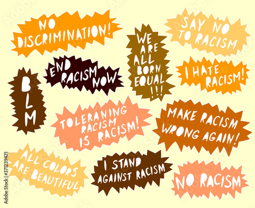 Set of vector lettering handwritten on theme of antiracism, protesting against racial inequality and revolutionary design. For flyers, stickers, posters, action, slogan