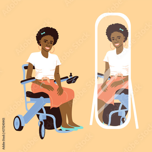 Beautiful African American woman in a wheelchair at the mirror. Smiling girl with special needs. Flat style illustration with a woman in a wheelchair, confident and happy. 