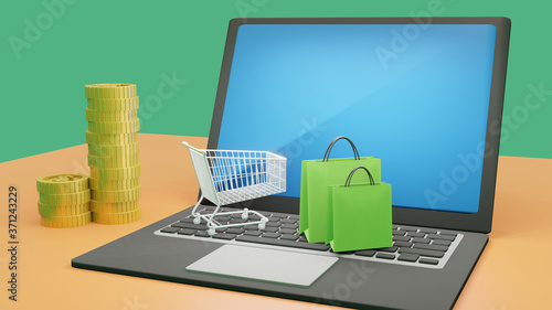 3D rendering of online shopping concept. Shopping cart and shopping bag on laptop. cash money coin.