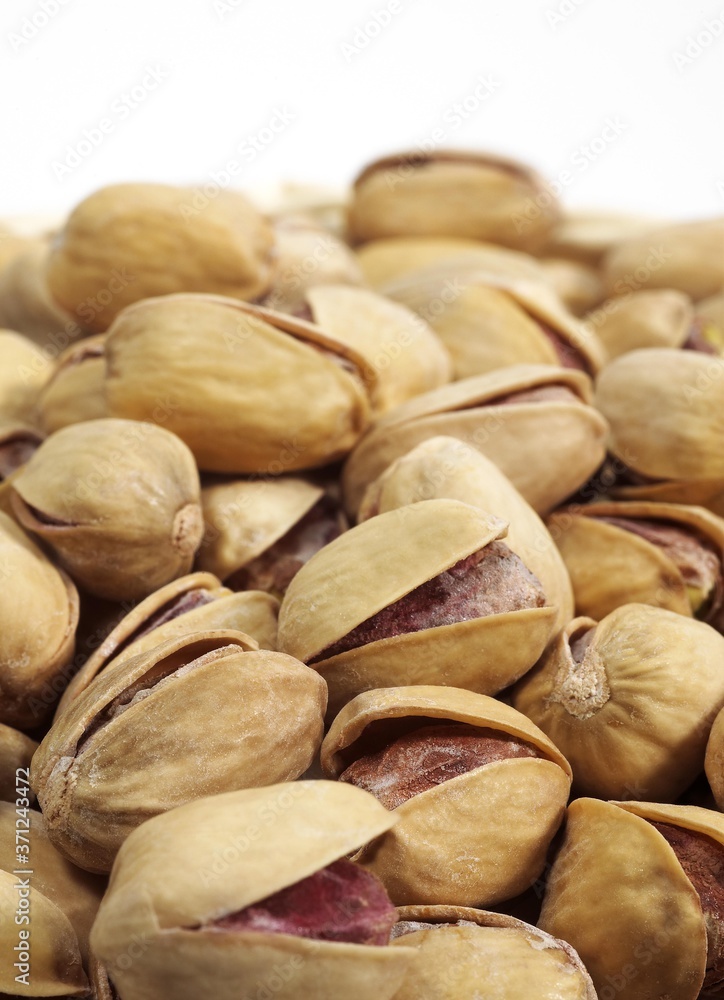 Pistachio Nuts, pistacia vera, Dry Fruits against White Background Pistachio Nuts, pistacia vera, Dry Fruits against White Background
