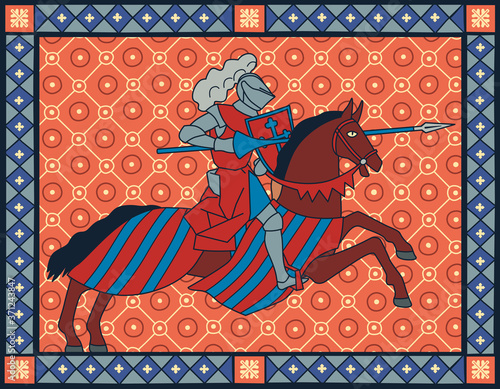 Medieval equestrian knight. Book miniature style. Vector illustration