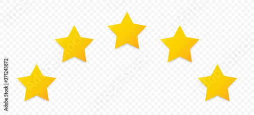 Quality rating symbols. A set of five-pointed yellow stars with a shadow arranged in an arc. Isolated on transparent background. Product quality assessment icons. Vector illustration.