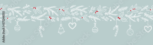 Cute hand drawn Christmas seamless garland, horizontal banner with branches and decoration. Great for card, banners, wallpaper - vector design