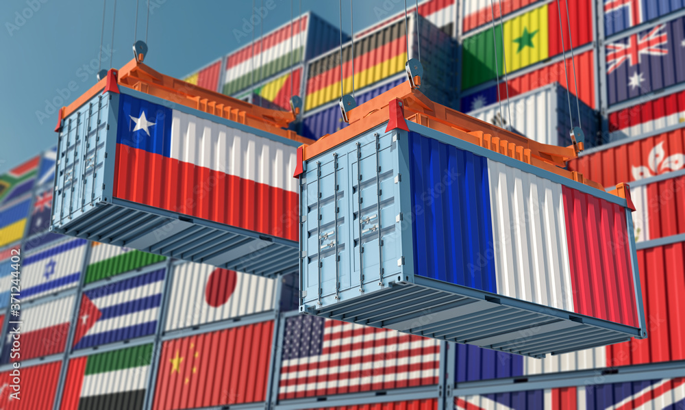 Freight containers with Chile and France flag. 3D Rendering 