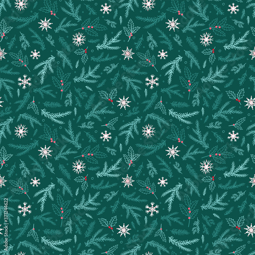 Lovely hand drawn christmas seamless pattern with branches and decoration, great for textiles, banners, wallpaper, wrapping - vector design