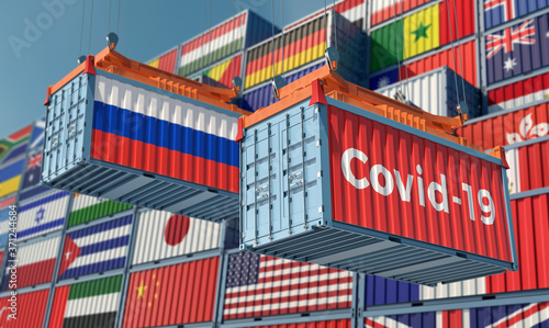 Container with Coronavirus Covid-19 text on the side and container with Russia Flag. Concept of international trade spreading the Corona virus. 3D Rendering © Marius Faust