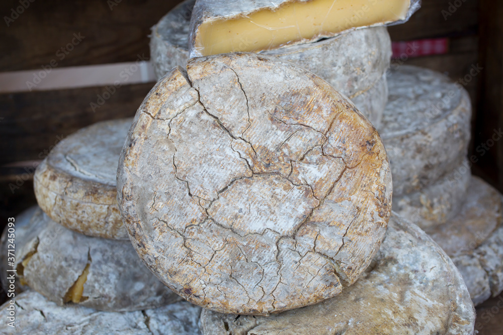 French Comte cheese wheel crusts aging for months French Comte cheese wheel crusts aging for months