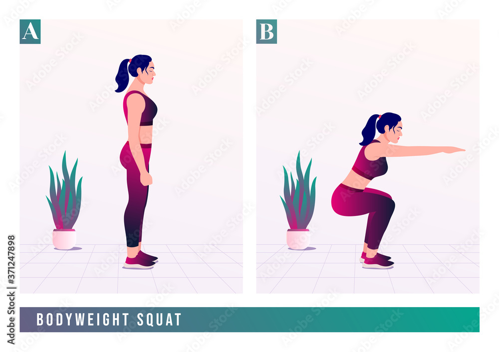 BODYWEIGHT SQUAT exercise, Woman workout fitness, aerobic and exercises. Vector Illustration.