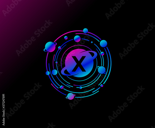 Orbit X Letter Design. Modern planet with line of orbit. Colorful abstract Circle geometry planet logo.