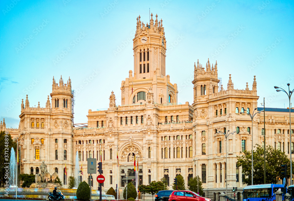 Palacio de Cibeles in the center of the city of Madrid in a summer sunset