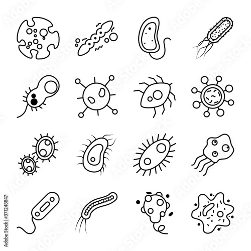 icon set of echerichia coli and bacterias shapes, line style