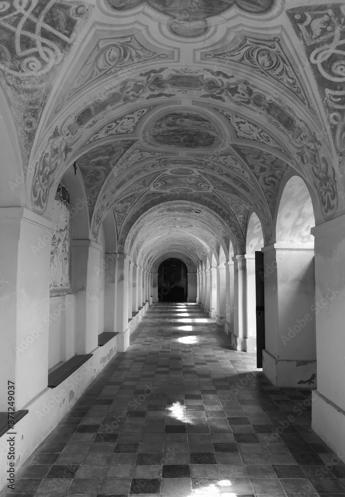 Interior Catholic Roman Sanctuary. Artistic look in black and white.