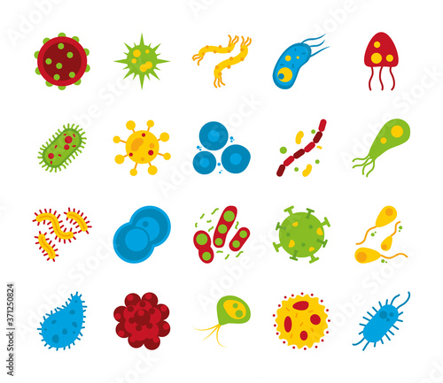 coronavirus and bacterias shapes icon set, flat style