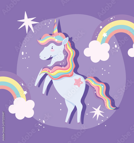 unicorn with rainbow mane horn clouds stars magic fantasy cartoon
