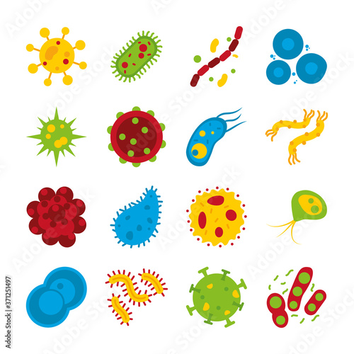 bacterias and virus shapes icon set, flat style