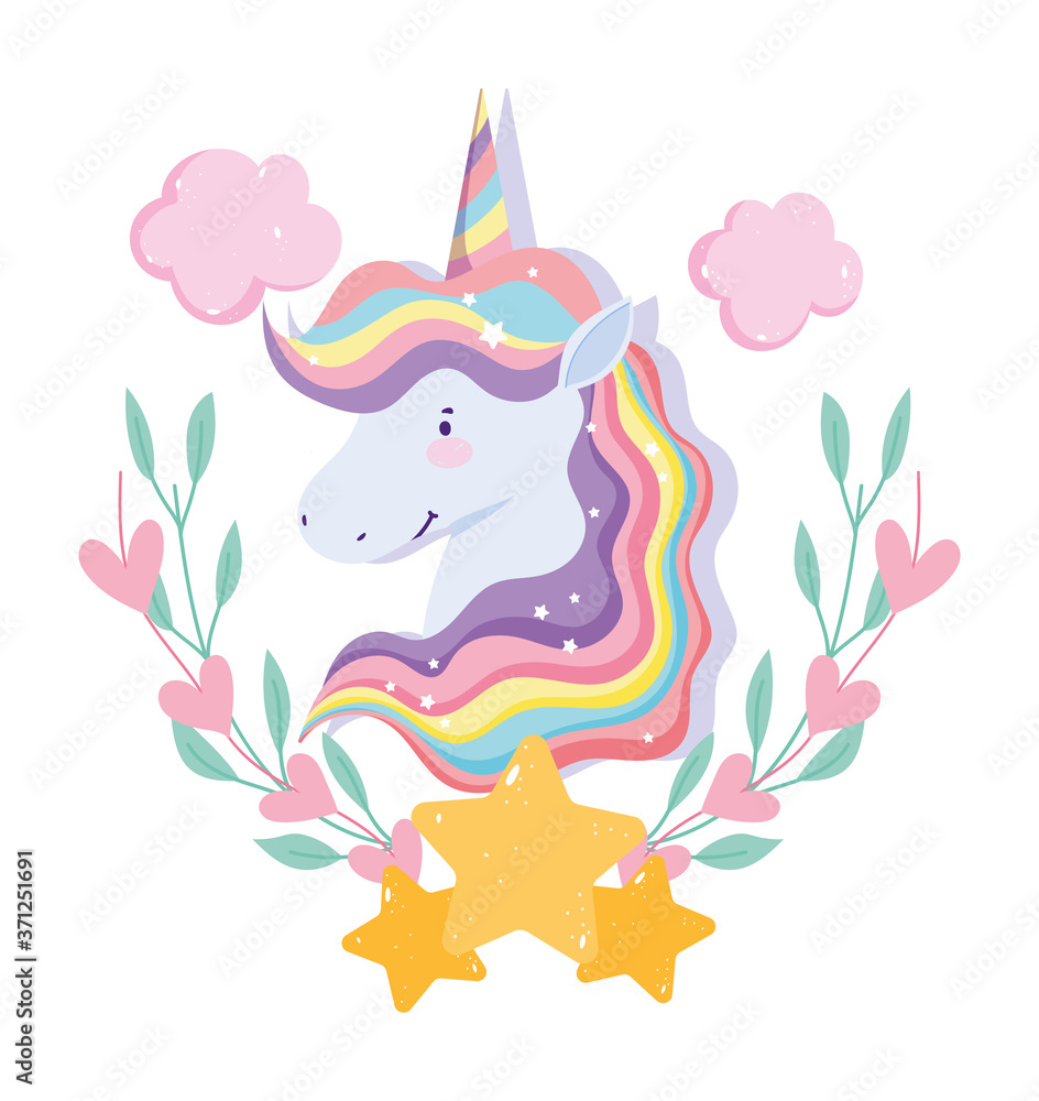unicorn with rainbow hair stars clouds floral decoration fantasy cartoon