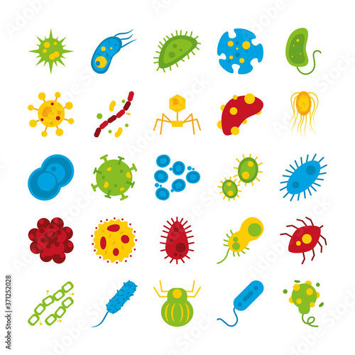 ebola and bacteria shapes icon set, flat style