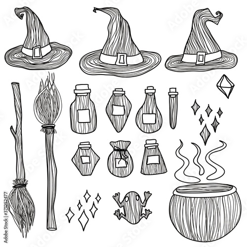 Witch or Wizard set Halloween hand drawn vector doodle set