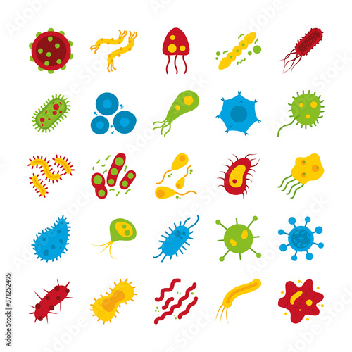 icon set of coronavirus and bacterias shapes, flat style