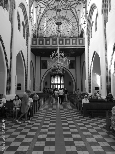 Interior Catholic church. Artistic look in black and white. photo