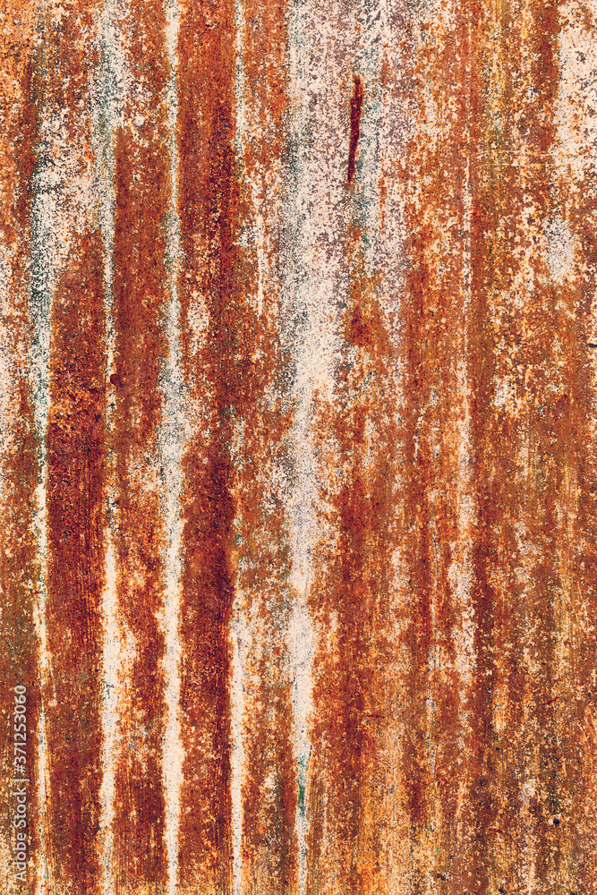 Naklejka premium Creative bright metallic background. Flat background texture of dirty rusty metal. Bright rusty spots as the main background for a vintage scratched design