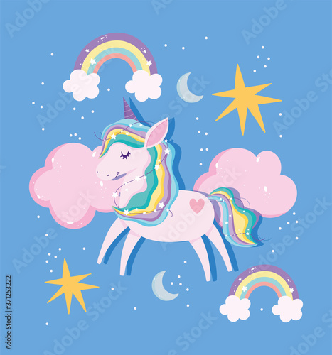 unicorn rainbow mane tail clouds stars moon magic fantasy cartoon