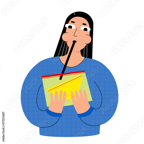 woman making vacuum in zipper bag to keep food fresh vector illustration