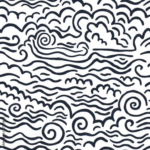 Seamless pattern with storm waves and clouds. Design for backdrops and colouring book with sea, rivers or water texture. Repeating texture. © Dzianis