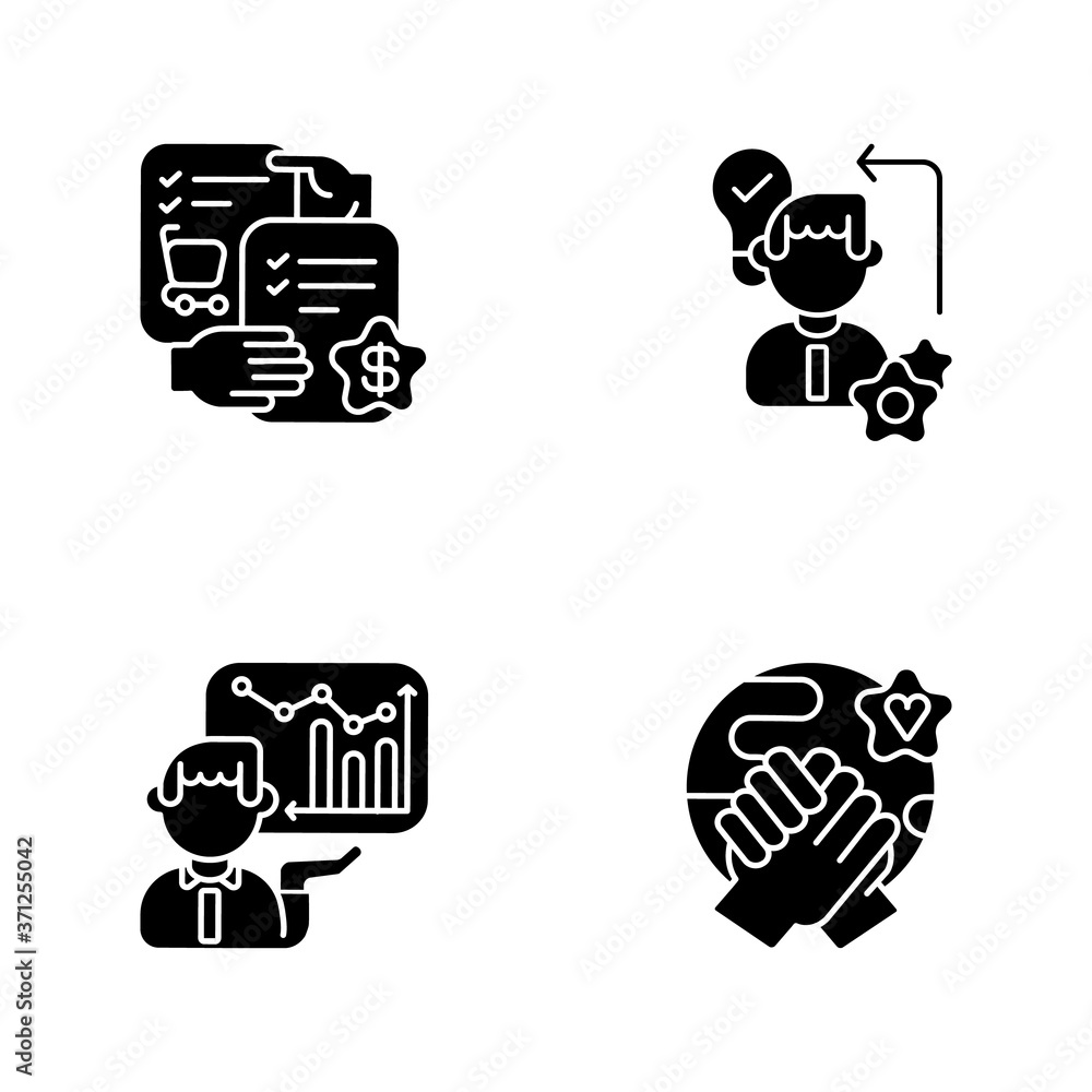Business skills black glyph icons set on white space. Professional competence silhouette symbols. Selling skills, workers diligence, corporate presentation and tolerance. Vector isolated illustrations Business skills black glyph icons set on white space. Professional competence silhouette symbols. Selling skills, workers diligence, corporate presentation and tolerance. Vector isolated illustrations