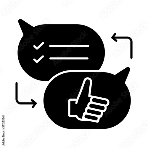 Criticism black glyph icon. Communication skills, conversation silhouette symbol on white space. Opinions exchange, constructive criticism, feedback. Speech bubbles vector isolated illustration