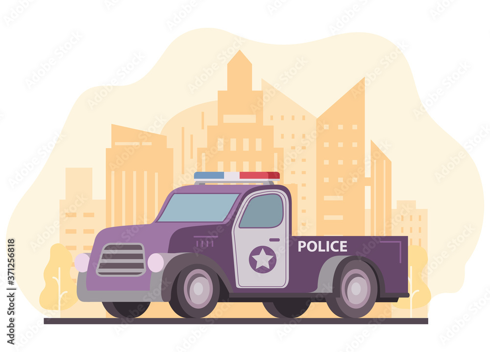 Obraz premium Police pickup truck. City skyline with skyscrapers. Patrol emergency vehicle. Flat modern vector illustration. Isolated on white background.