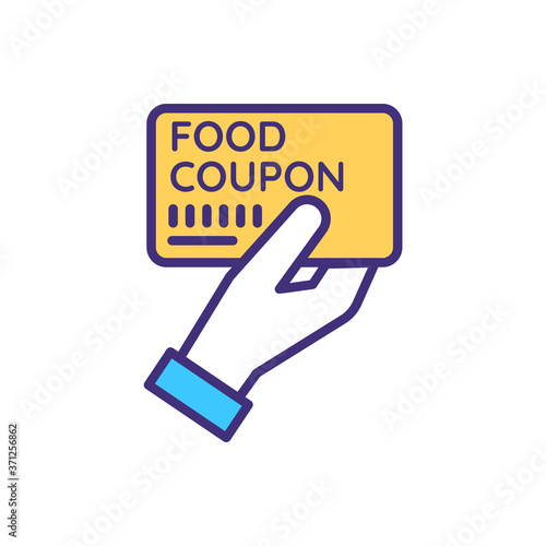 Food coupon RGB color icon. Charity organization. Feed homeless and jobless. Humanitarian help with hunger. Share dinner. Ticket to get soup. Food stamp for free meal. Isolated vector illustration