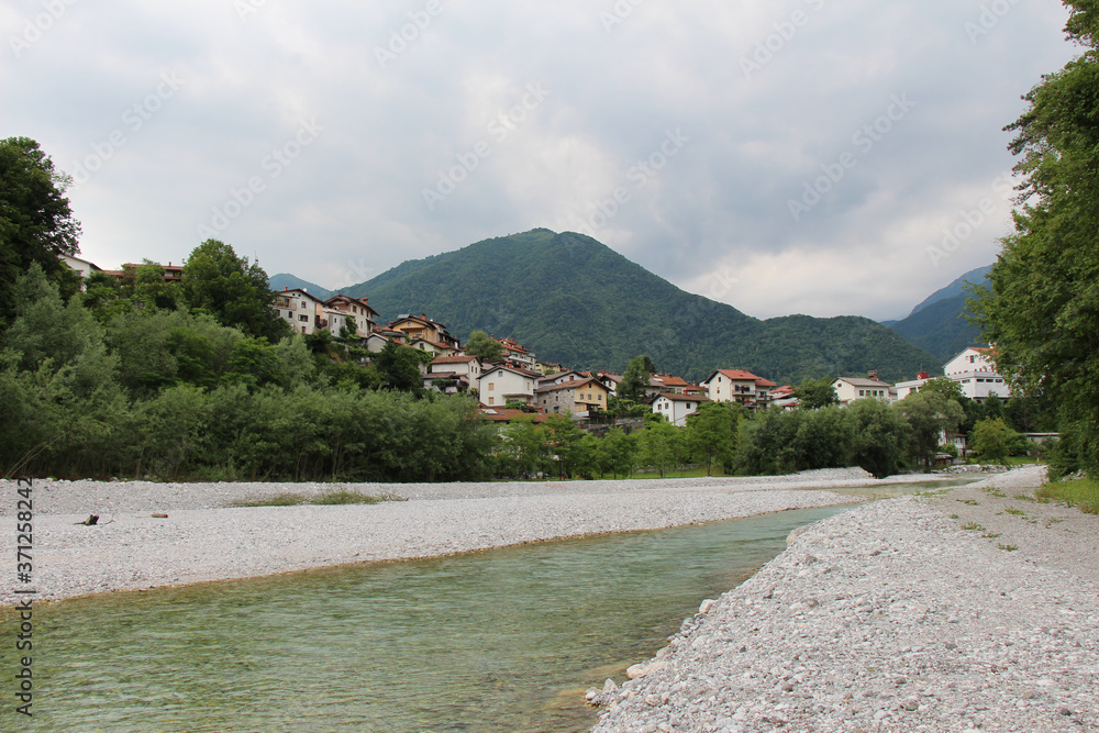 Low flows on the Tolminka River at Tolmin, with gravel bars exposed, Slovenia