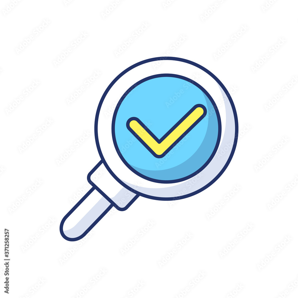 Discovery RGB color icon. Magnifying glass with checkmark. Research completed. Zoom with loupe. Right answer. Find information. Successful research. Diagnostic confirmed. Isolated vector illustration Discovery RGB color icon. Magnifying glass with checkmark. Research completed. Zoom with loupe. Right answer. Find information. Successful research. Diagnostic confirmed. Isolated vector illustration