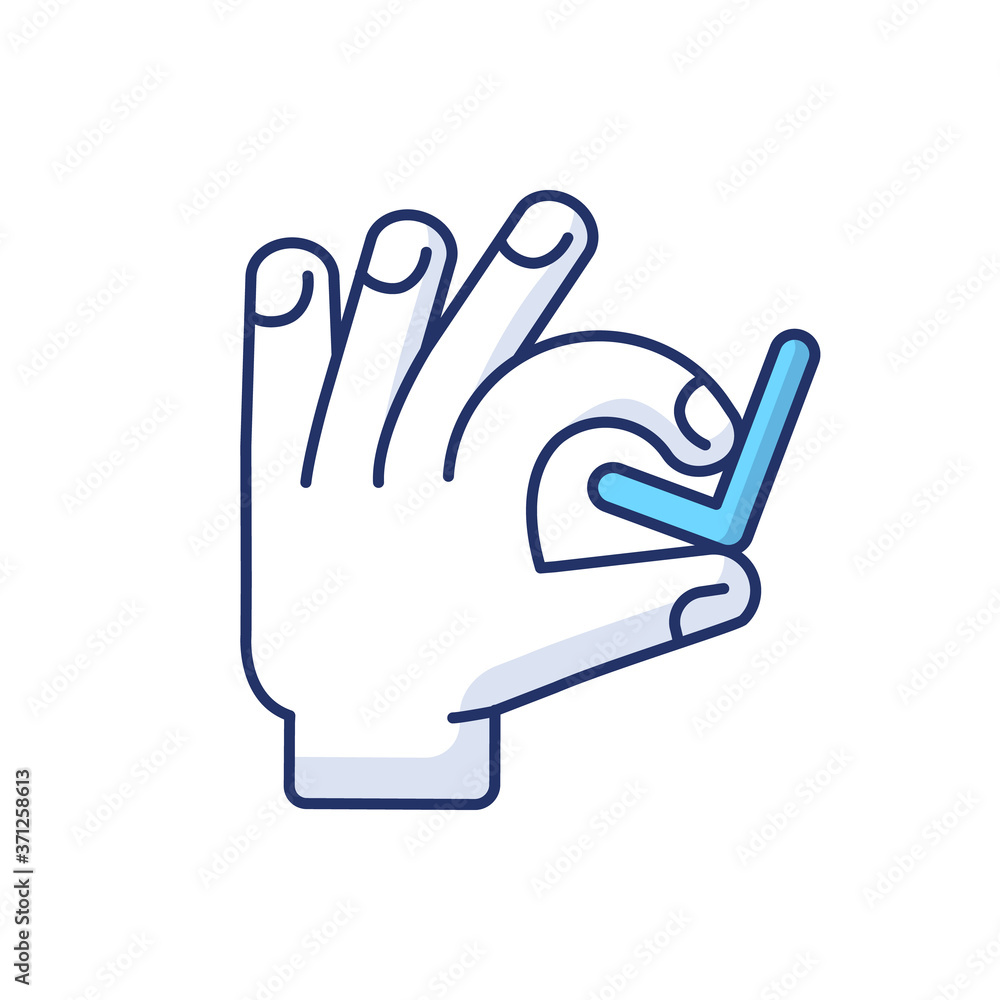 Hand with checkmark RGB color icon. Select option. Quality rating. Customer approval. Right answer. Confirmation tag. Client satisfaction. Arm with check mark. Isolated vector illustration Hand with checkmark RGB color icon. Select option. Quality rating. Customer approval. Right answer. Confirmation tag. Client satisfaction. Arm with check mark. Isolated vector illustration
