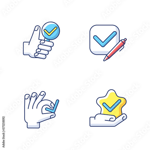 Review checkmark RGB color icons set. Questionnaire evaluation. Tick in checkbox. Star quality. Investigation completed. Research confirmation. Choose correct. Isolated vector illustrations