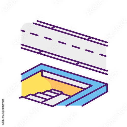 Underground pedestrian walkway RGB color icon. Safe pedestrian crosswalk. Underground tunnels. Modern city infrastructure. Disabled people accessible facilities. Isolated vector illustration