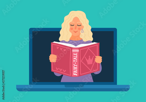 Woman reading fairy-tale online. Children's entertainment, development and education webinar. Teacher on laptop screen holding book.