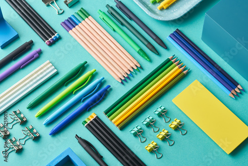 Assorted multicolored stationery composition photo