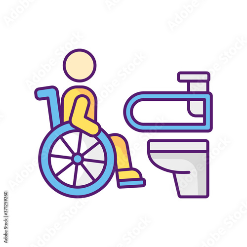 Accessible toilet RGB color icon. People with physical disabilities conveniences. Wheelchair accessible public toilet. Disabled people supportive facilities. Isolated vector illustration